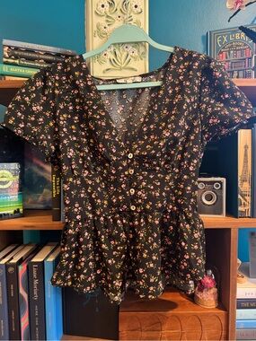 Blush Black Floral Button-Front Peplum Blouse